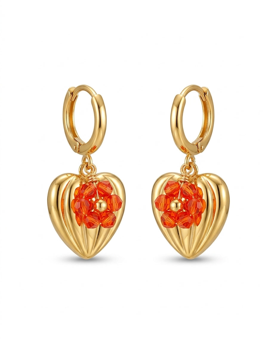 Aretes Candongas Corazón Flor Roja 18k | Amorisa Accesorios