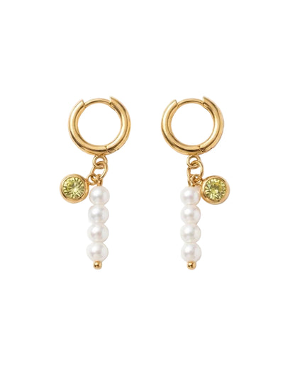 Aretes de candonga dorados de acero con dijes colgantes de perlas rosadas y cristal amarillo 18k