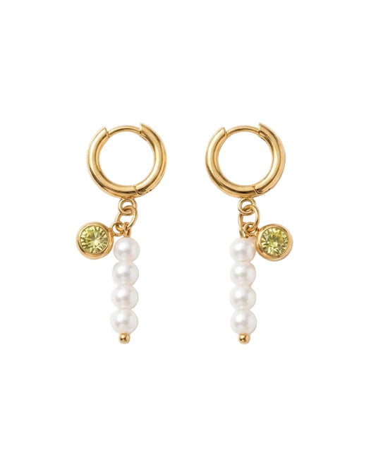 Aretes de candonga dorados de acero con dijes colgantes de perlas rosadas y cristal amarillo 18k