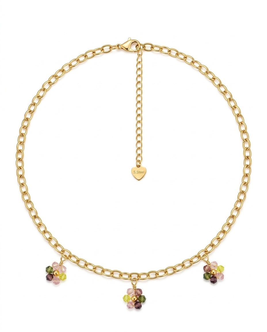 Collar de Eslabones Dorados con Flores Pastel 18k | Amorisa Accesorios