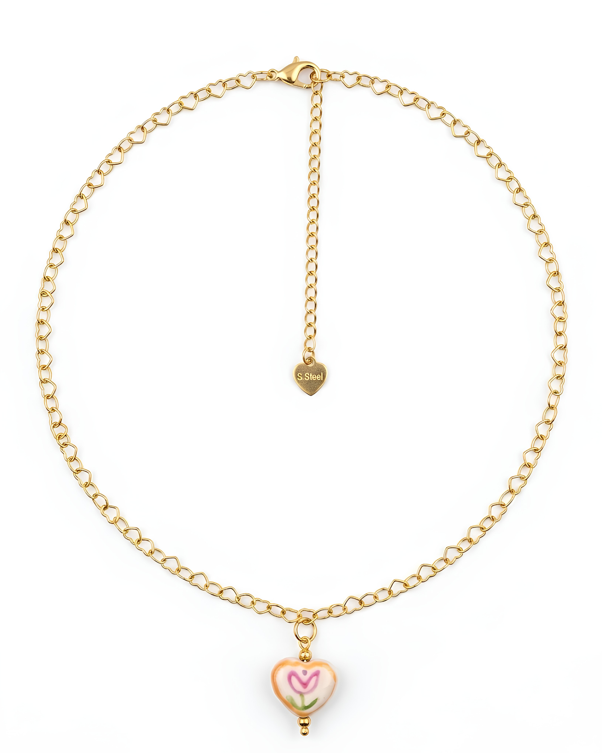 Collar de acero dorado con cadena de corazones y dije de corazón pintado con tulipán 18k