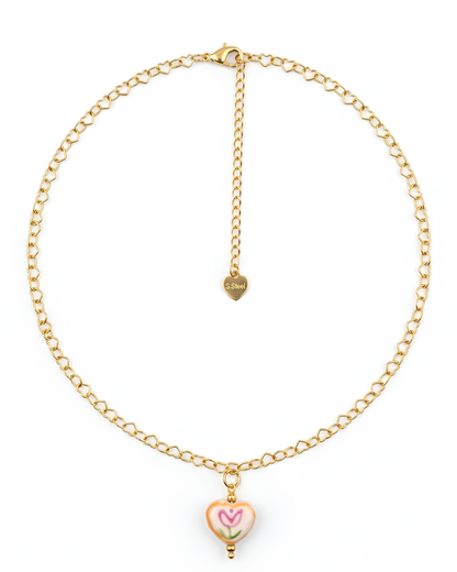 Collar de acero dorado con cadena de corazones y dije de corazón pintado con tulipán 18k