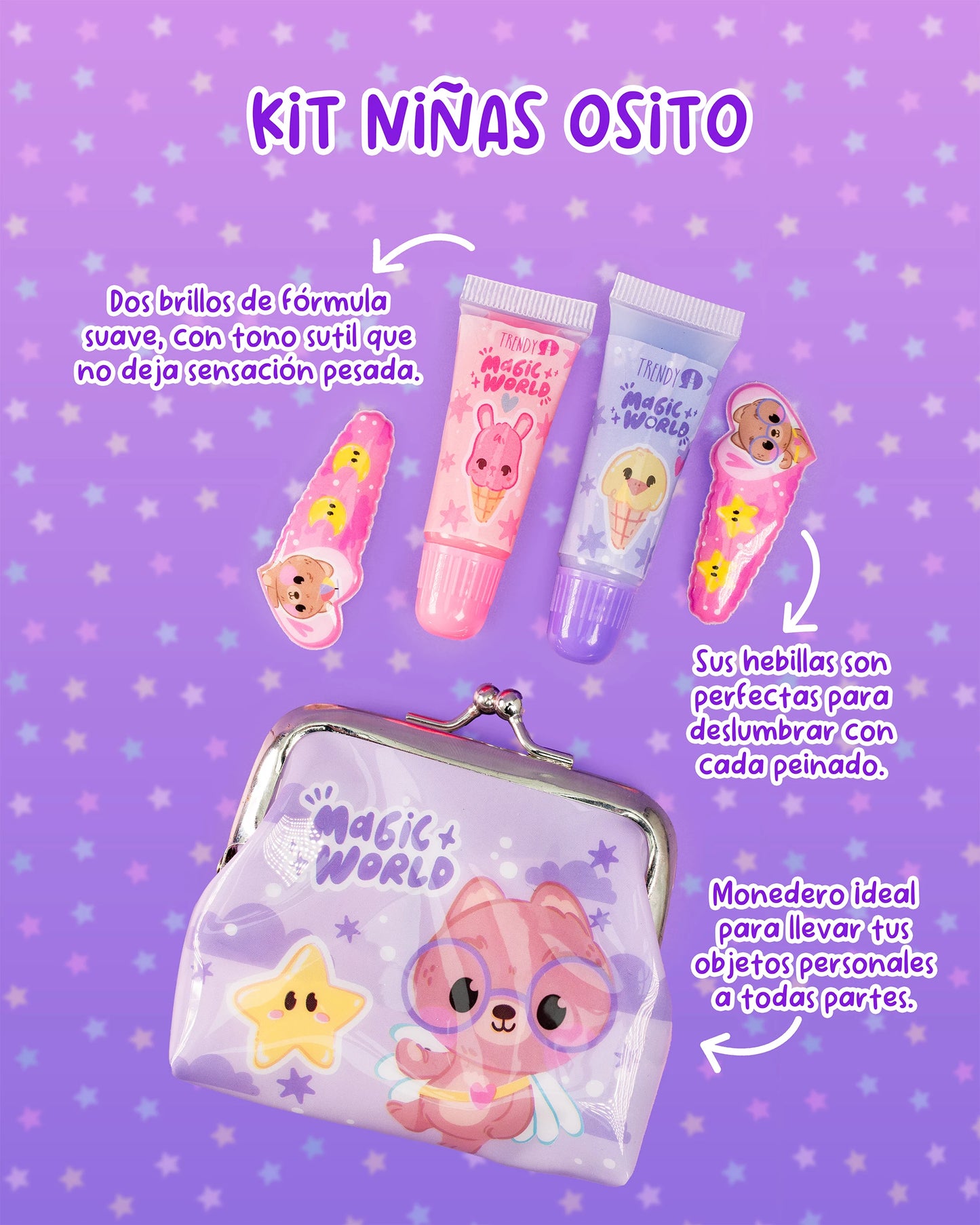 Kit de Maquillaje Niñas Osito Trendy con Monedero Hebillas y Brillos Suaves - Amorisa Accesorios