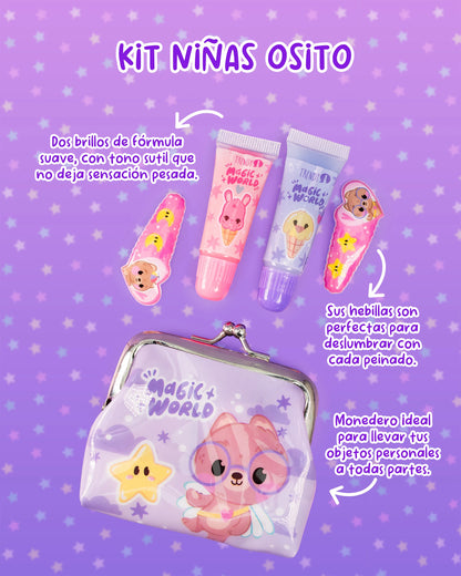 Kit de Maquillaje Niñas Osito Trendy con Monedero Hebillas y Brillos Suaves - Amorisa Accesorios